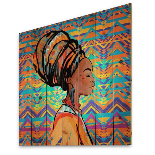 Designart - African American Woman with Turban IV - Modern Print on Natural Pine Wood